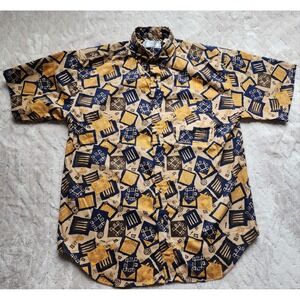 Career Club Vintage Short Sleeve Button Up Shirt Tan Navy Geometric Print Mens M
